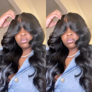 100% Human Hair Body Wave 5x5 Lace Closure Wig With Wave Bangs