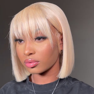 Straight 613 Blonde Bob 5x5 Lace Closure Wig With Bangs