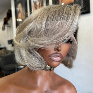 Ash Blonde Balayage With Dark Root Blowout Bob 13x4 Lace Front Wig