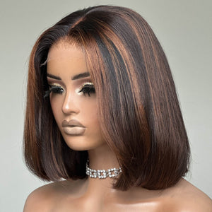 Brown Highlight Straight Blunt Cut Bob 5x5 Lace Closure Wig