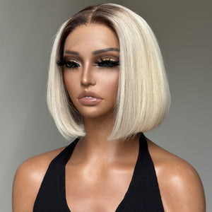 Ash Blonde Dark Roots Straight Short Bob Lace Frontal Wig