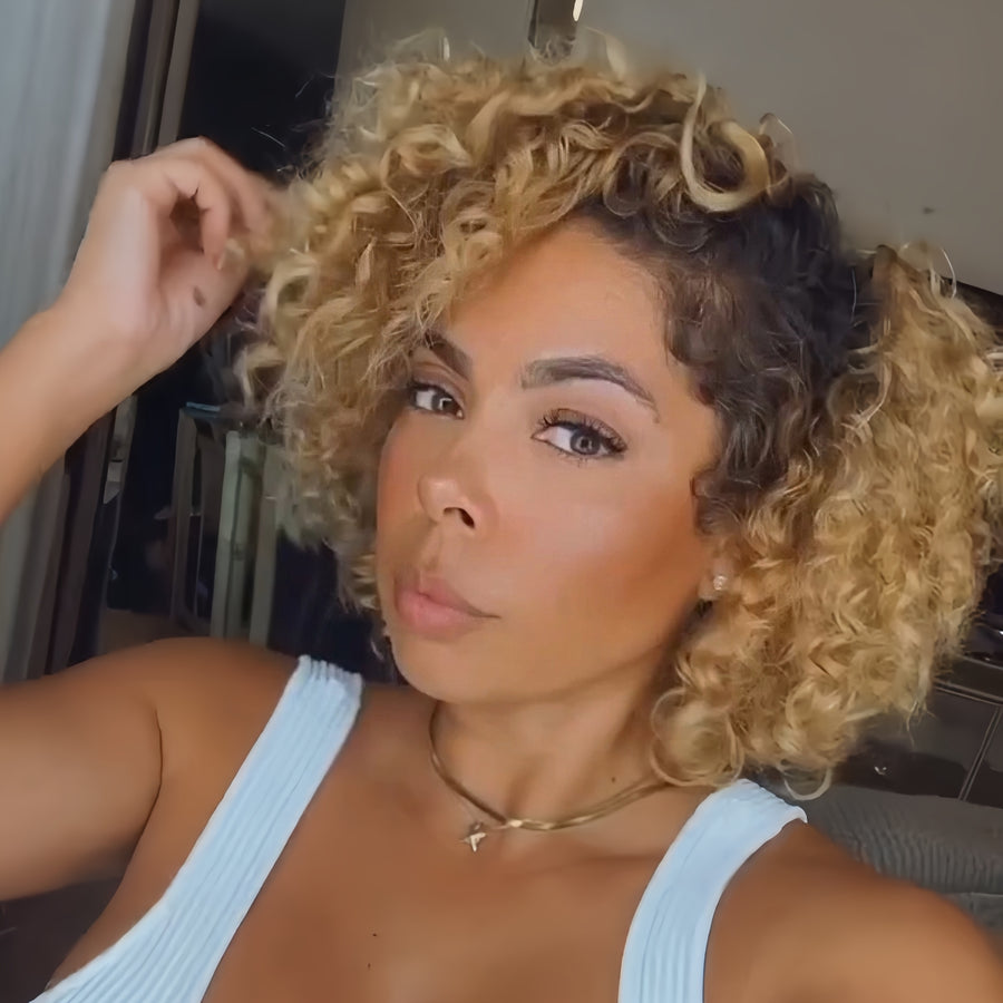 Blond Brown Gradient Short Kinky Curly Side Part 13x4 Lace Frontal Wig