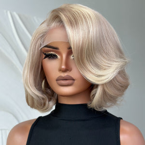 Ash Blonde Highlight Side Part Layered Bob 5x5 Lace Closure Wig