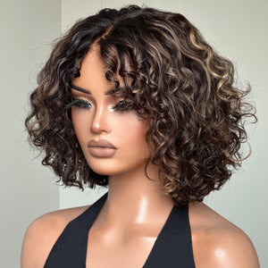 Short Blonde Highlights Glueless Pixie Curly Lace Closure Wig