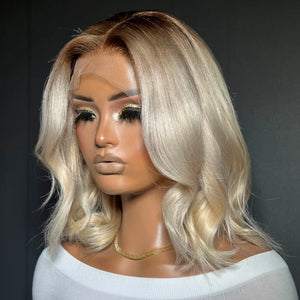 Shoulder Length Blonde Wavy Dark Roots 13x4 Lace Front Wig