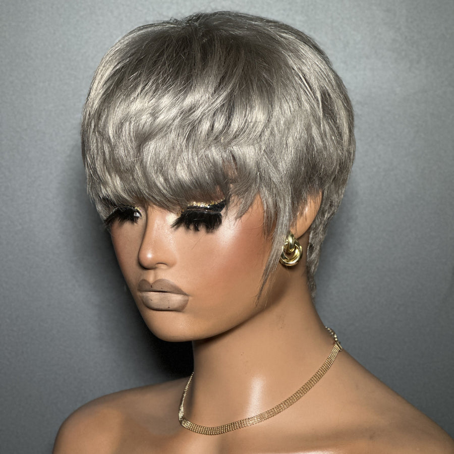 Grey Natural Realistic Glueless Short Pixie Cut Bangs Wig