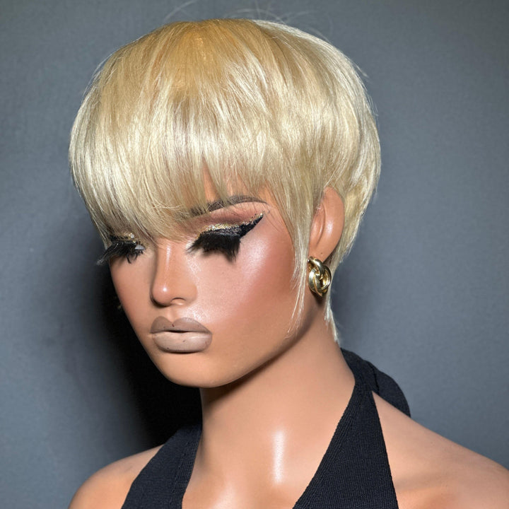 613 Blone Natural Realistic Glueless Short Pixie Cut Bangs Wig