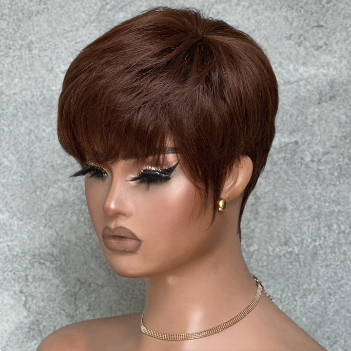 Put On & Go Brown Layered Pixie Cut Human Hair Wig With Bangs