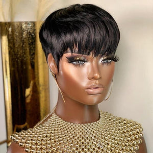 Natural Realistic Short Pixie Cut Glueless Bangs Wig