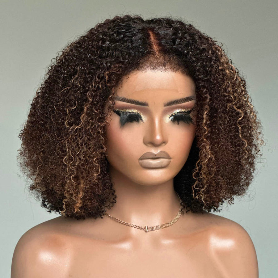 Ombre Brown Highlights Kinky Curly With Kinky Edges Bob Wig