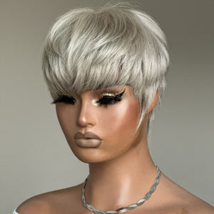 Grey Natural Realistic Glueless Short Pixie Cut Bangs Wig