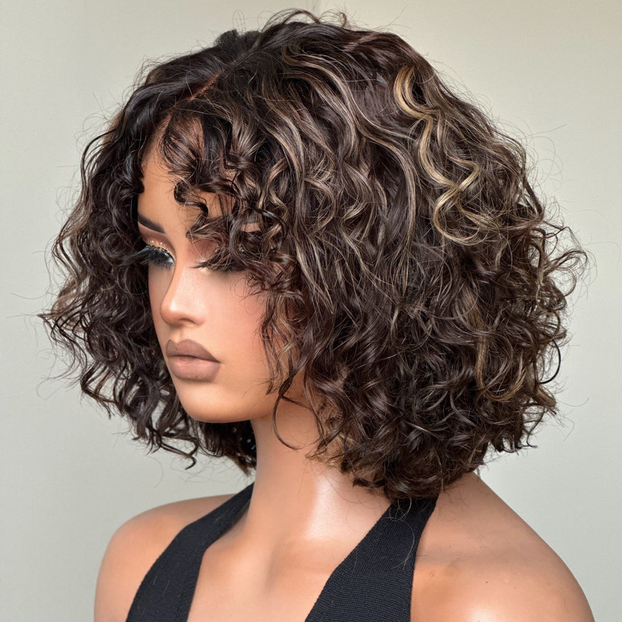 Short Blonde Highlights Glueless Pixie Curly Lace Closure Wig