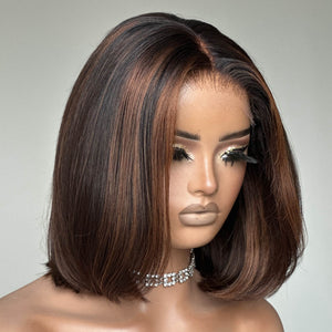 Brown Highlight Straight Blunt Cut Bob 5x5 Lace Closure Wig