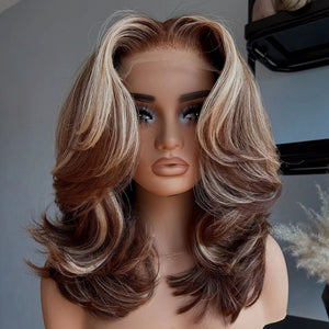 613 Blonde Highlight With Brown Root Layered Wavy Lace Wig