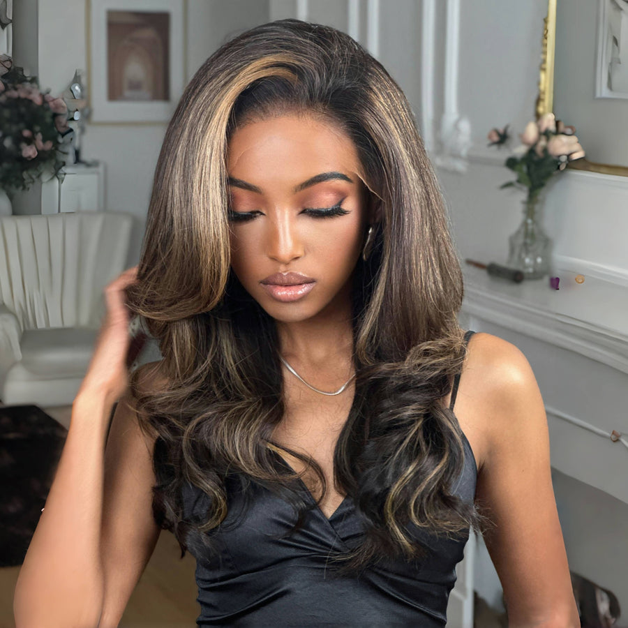 Dark Brown With Blonde Highlights Layered Wavy 13x4 Lace Front Wig