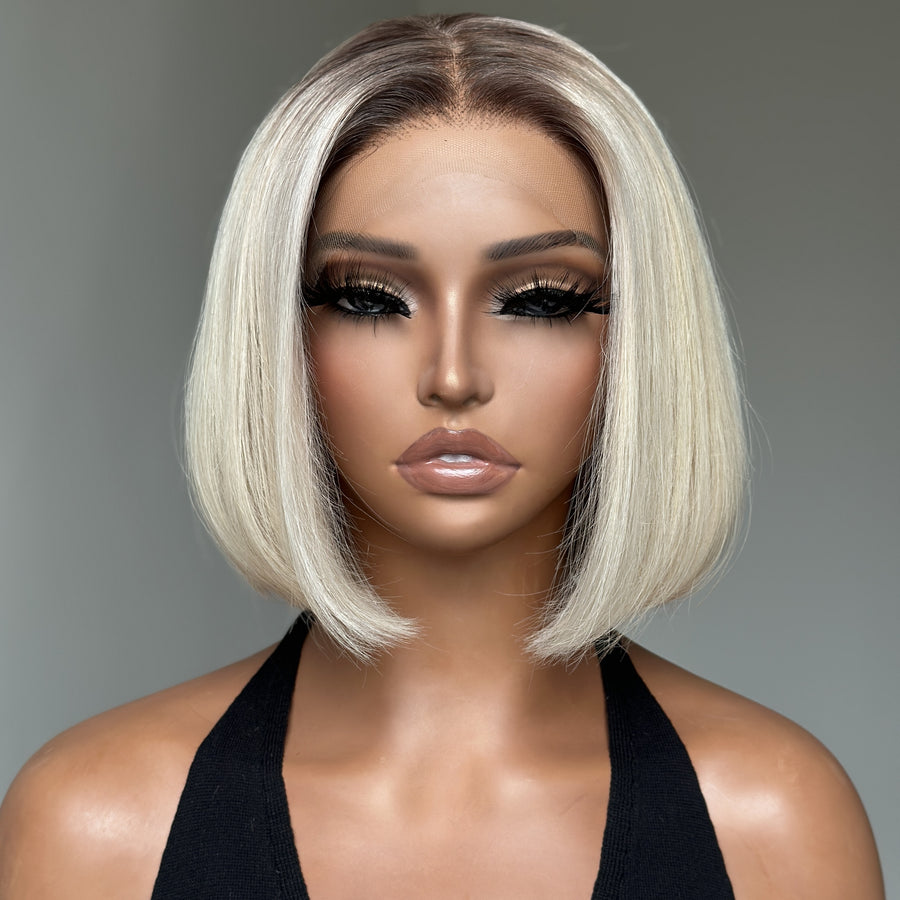 Ash Blonde Dark Roots Straight Short Bob Lace Frontal Wig