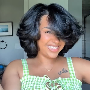 Natural Black Layered Fluffy Bob  Lace Closure Wig