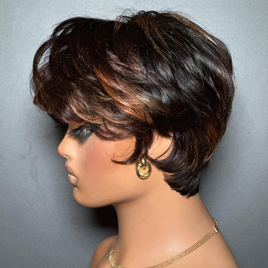 Brown Highlight Natural Realistic Glueless Short Pixie Cut Bangs Wig