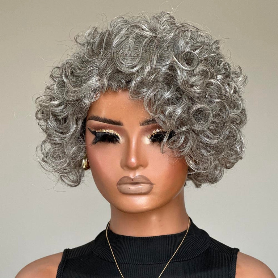 Glueless Ash Grey Rose Curly Bob Human Hair Wig