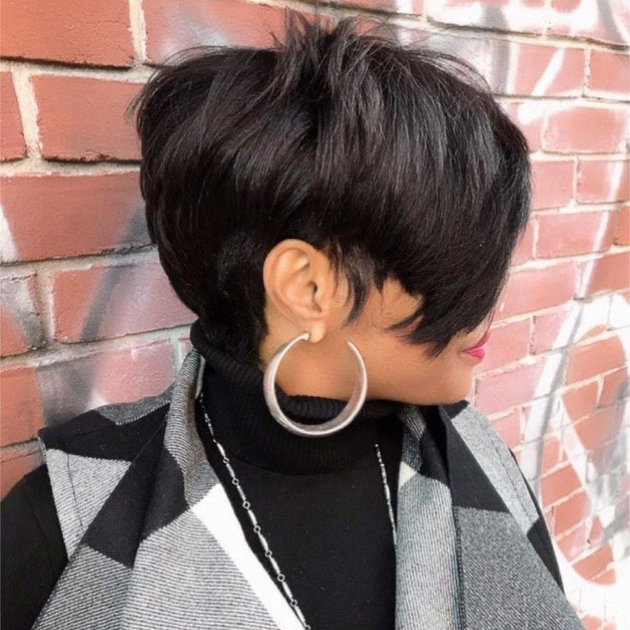 Short Pixie Cut Glueless Human Hair Long Bangs Wig