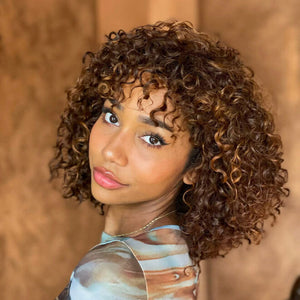 Wear & go Glueless Highlight Color Short Curly Wig With Bangs