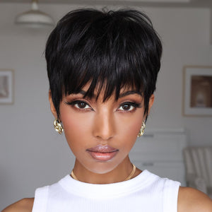 Short Pixie Cut Glueless Human Hair Wig With Bangs