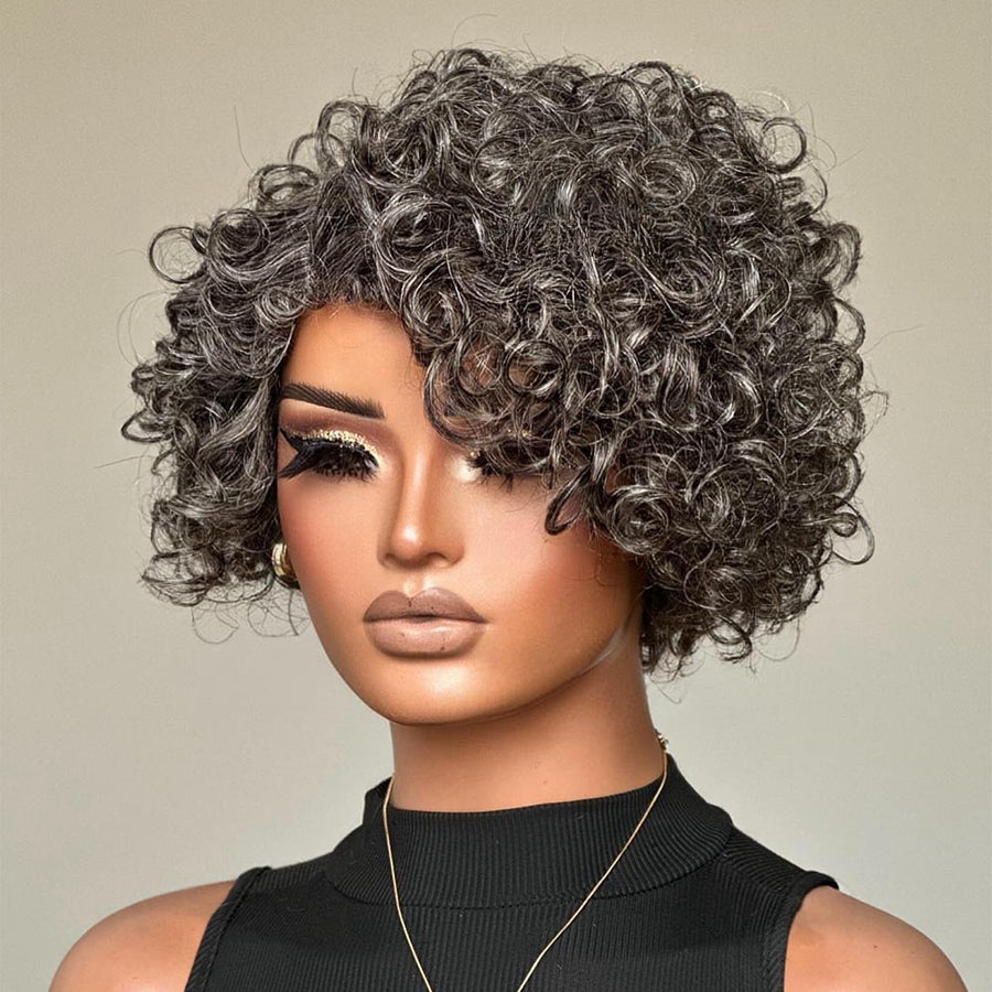 Glueless Salt & Pepper Rose Curly Bob Human Hair Wig