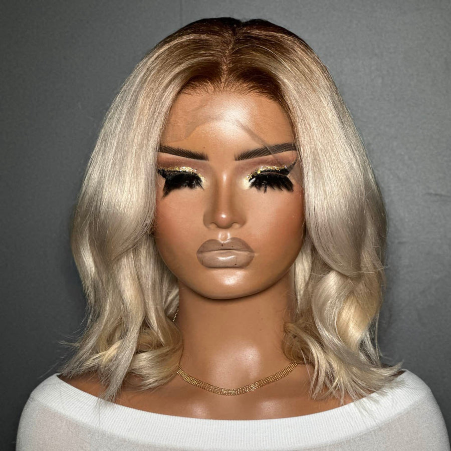 Shoulder Length Blonde Wavy Dark Roots 13x4 Lace Front Wig