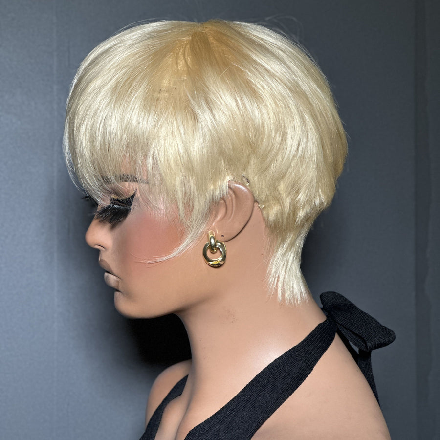 613 Blone Natural Realistic Glueless Short Pixie Cut Bangs Wig