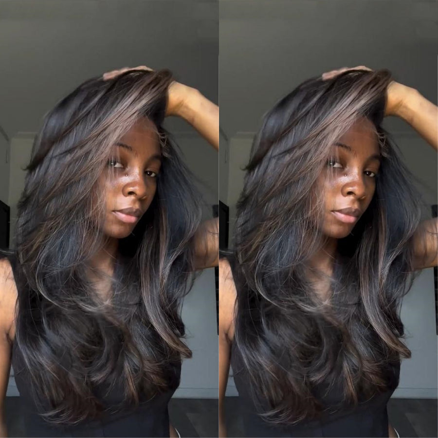 13x4 Lace Frontal Brown Highlighted Layered Wavy Wig