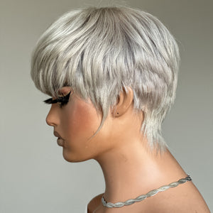 Grey Natural Realistic Glueless Short Pixie Cut Bangs Wig