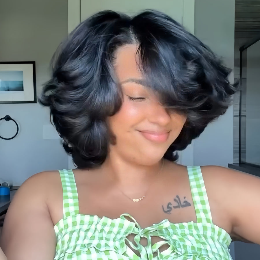 Natural Black Layered Fluffy Bob  Lace Closure Wig