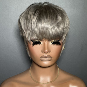 Grey Natural Realistic Glueless Short Pixie Cut Bangs Wig