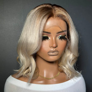 Shoulder Length Blonde Wavy Dark Roots 13x4 Lace Front Wig