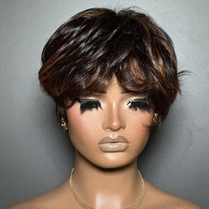 Brown Highlight Natural Realistic Glueless Short Pixie Cut Bangs Wig