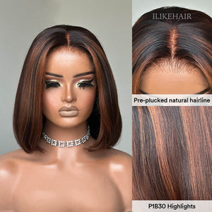 Brown Highlight Straight Blunt Cut Bob 5x5 Lace Closure Wig