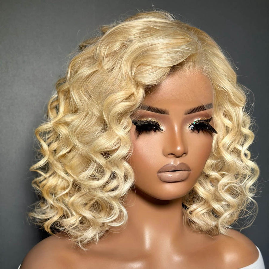 Stylish #613 Blonde Short Bouncy Curly 13x4 Lace Front Wig