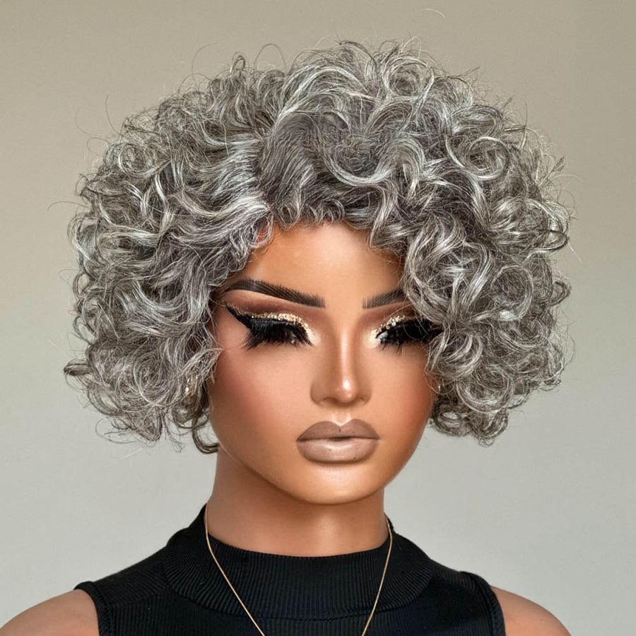 Glueless Ash Grey Rose Curly Bob Human Hair Wig