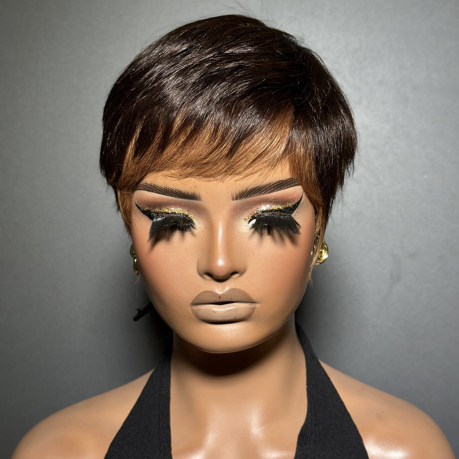 Brown With Blone Highlight Bangs Natural Realistic Glueless Short Pixie Cut Wig