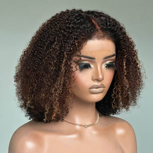 Ombre Brown Highlights Kinky Curly With Kinky Edges Bob Wig