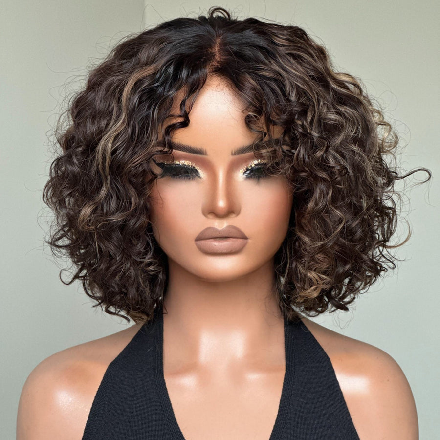 Short Blonde Highlights Glueless Pixie Curly Lace Closure Wig