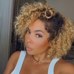 Blond Brown Gradient Short Kinky Curly Side Part 13x4 Lace Frontal Wig