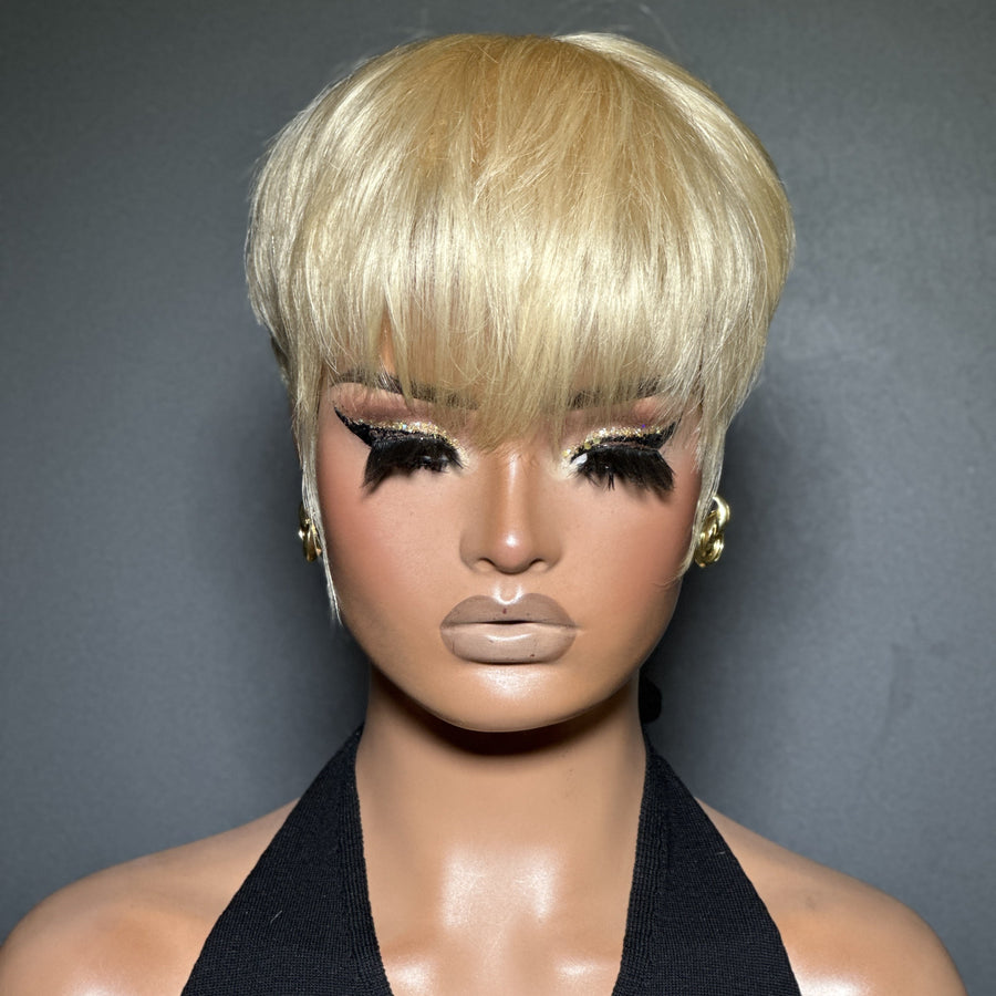 613 Blone Natural Realistic Glueless Short Pixie Cut Bangs Wig