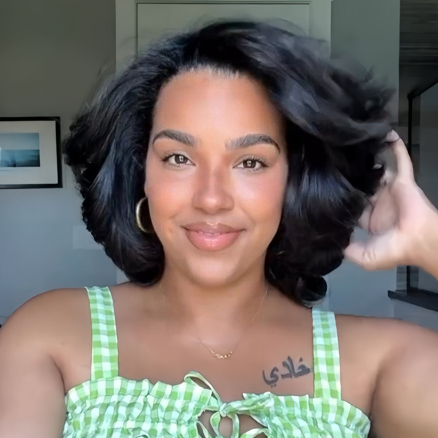 Natural Black Layered Fluffy Bob  Lace Closure Wig