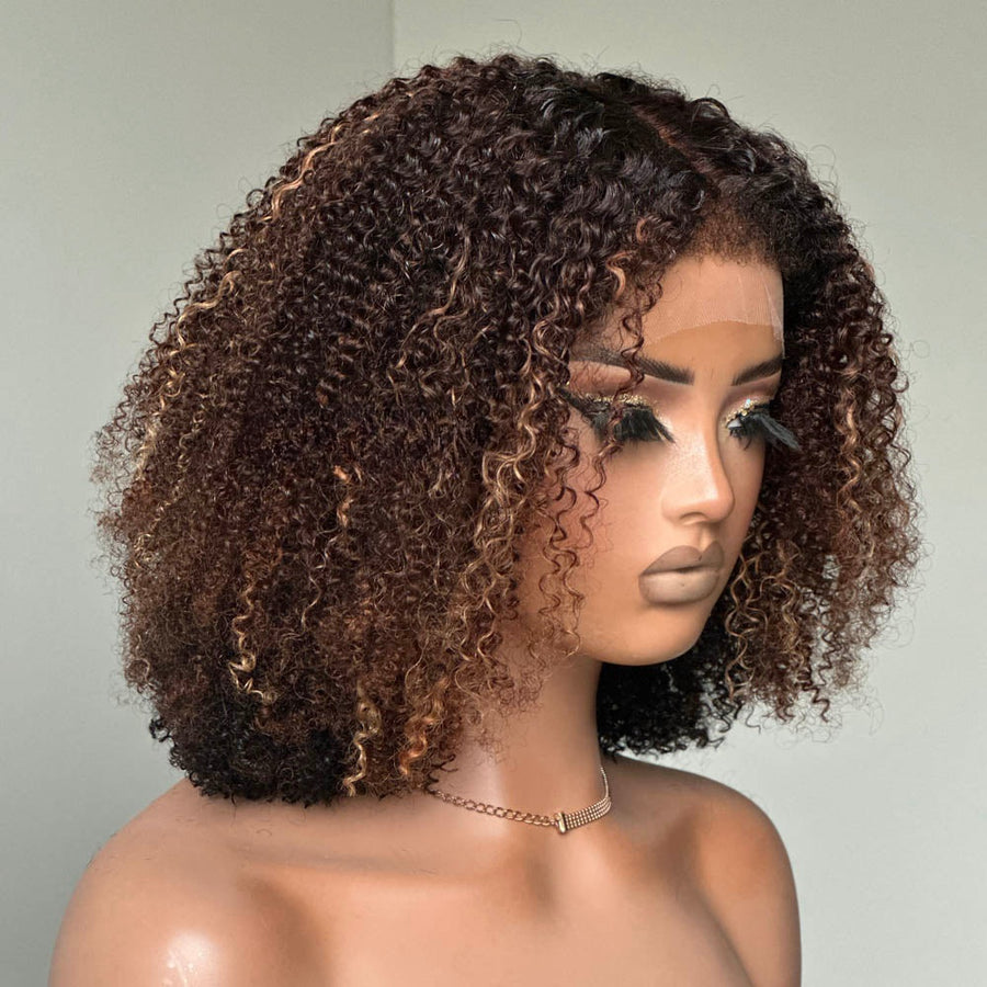 Ombre Brown Highlights Kinky Curly With Kinky Edges Bob Wig