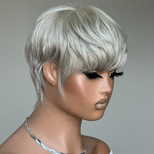 Grey Natural Realistic Glueless Short Pixie Cut Bangs Wig