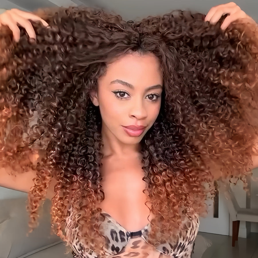 Full Brown Gradient Highlight Curly Glueless Lace Closure Wigs