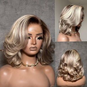 Ombre 613 Blonde Wave Bob With Dark Root Balayage 13x4 Lace Front Wig