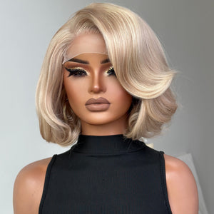 Ash Blonde Highlight Side Part Layered Bob 5x5 Lace Closure Wig