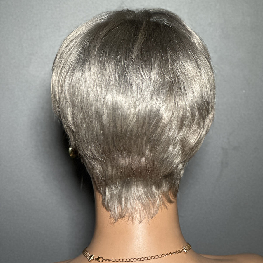 Grey Natural Realistic Glueless Short Pixie Cut Bangs Wig